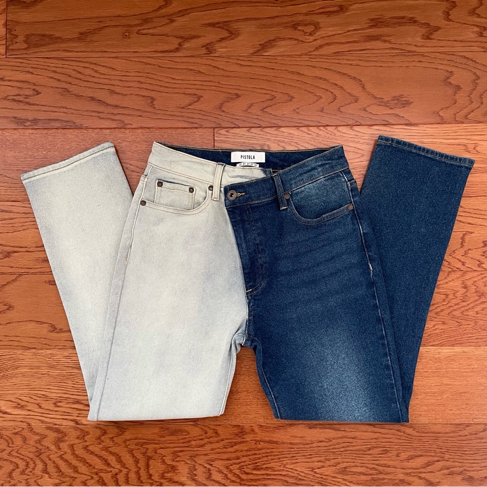 two-tone asymmetric jeans